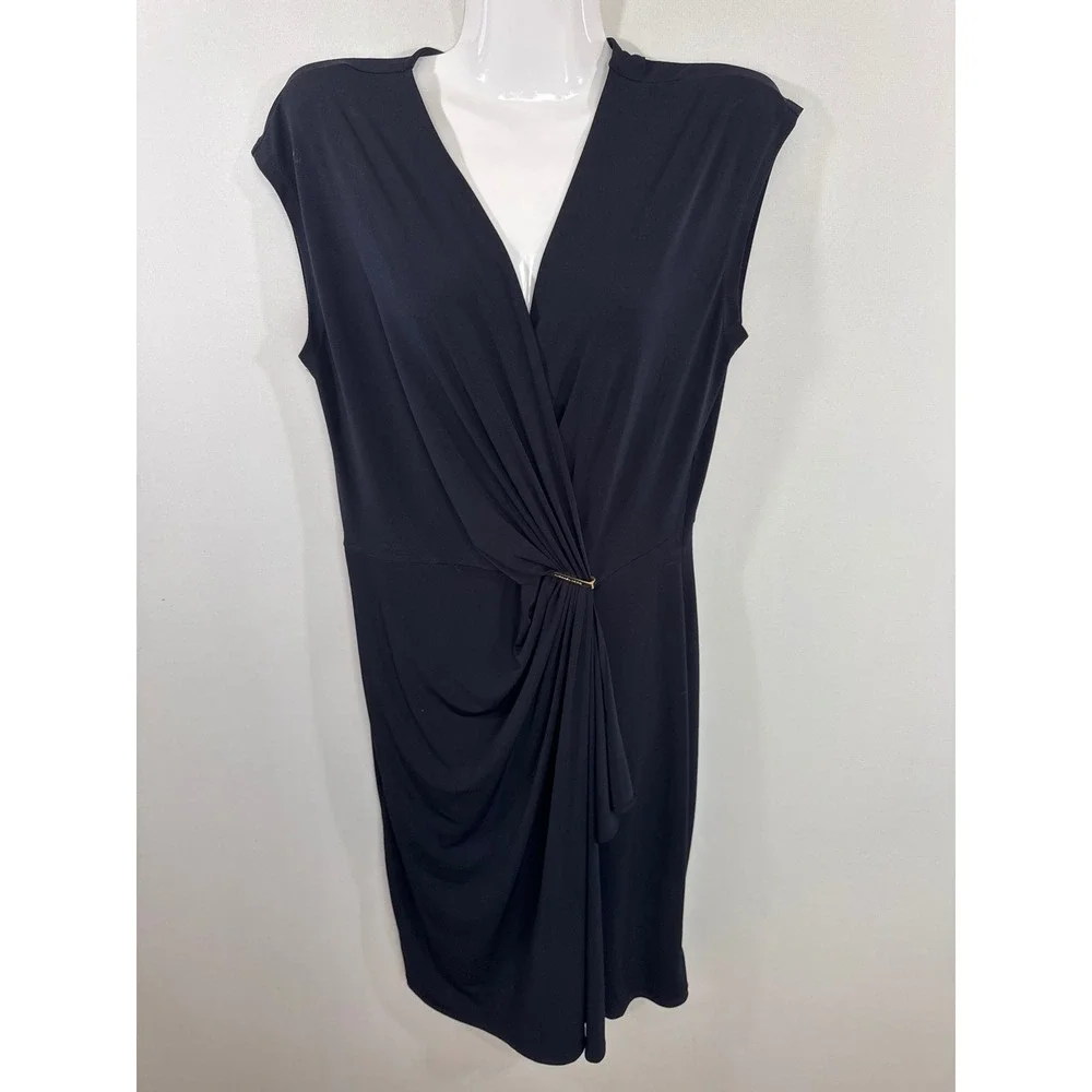 Michael Kors Black Gold Logo Drape V-Neck Sheath Dress Womens M Cocktail Modest
